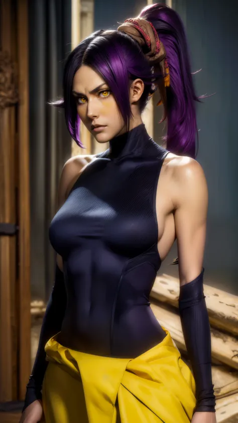 yoruichishihouin, yoruichi shihouin, long hair, (yellow eyes:1.5), ponytail, purple hair, dark skin, dark-skinned female,
BREAK bodysuit, black bodysuit, bare arms, bare shoulders, sideboob,
BREAK outdoors,
BREAK looking at viewer, (cowboy shot:1.5),
BREAK...