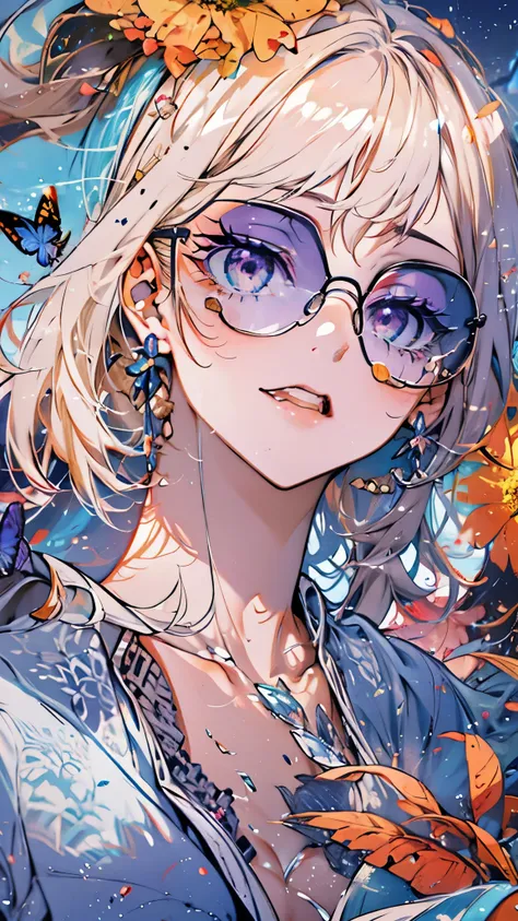 ((8k resolution))、((highest quality))、((masterpiece))、((super detailed))((((dramatic))),woman、sunglasses、double teeth、short hair...