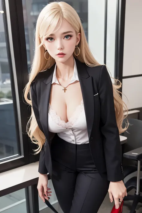 One female、office building　Meeting Room、nordic、comb your hair、huge 、beautiful feet、cross earrings、black high heels、eyes are blue、blonde　long hair、Black Office Jacket、I can see your chest　white Y-shirt　red lace bra、gray　pants suit、Are standing、angry face