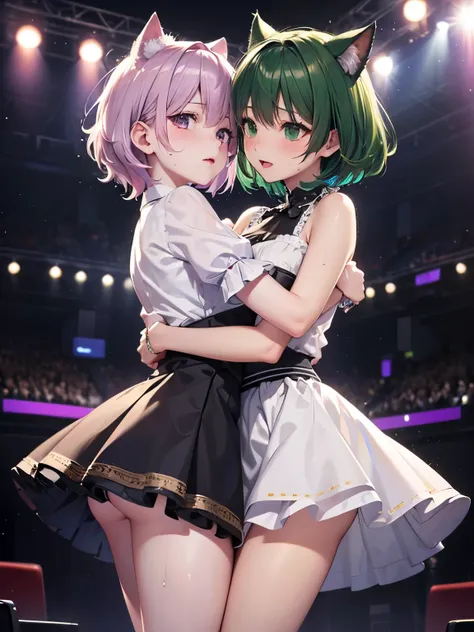 highest quality,wonderful,masterpiece,delicate,ultra high resolution,Super detailed,intricate details,beautiful,8K resolution,(Highly detailed CG Unity 8k wallpaper),sharp focus、2 people、A woman with dark green hair and a woman with purple hair、short hair、...