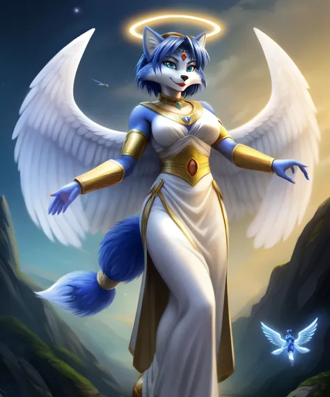 Krystal from Starfox as an guardian Angel, halo, white soft wings, red lipstick, flying, Ancient Greece dress