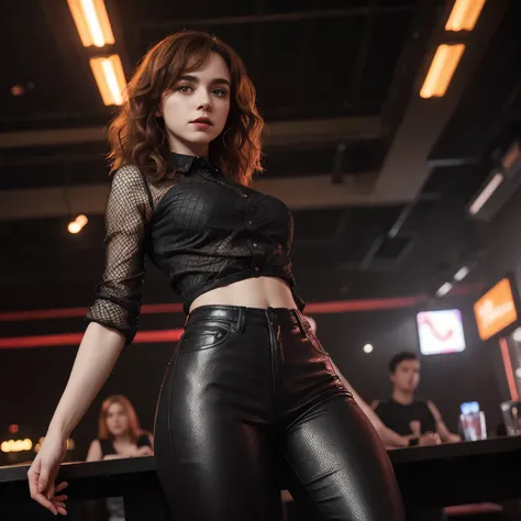 Sophia Lillis, thick woman, long wavy hair, photograph quality, eyeshadow and lipstick, dancing in a night club, fishnet shirt and tight leather pants 