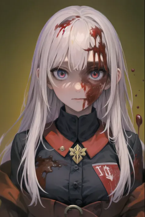 1 girl, Upper body, Big face, White hair, shock, в состоянии shockа, shockированное, shockированное выражение, stupor, eyes wide open, blank look,, horror, blood, blood на лице, blood на одежде, blood на волосы, blood spatter, blood stains, simple backgrou...