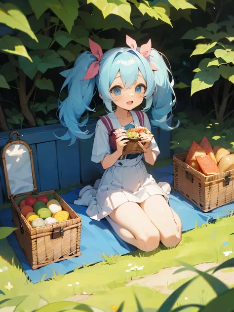 Picnic bento outside square garden twintails girl light blue hair cute