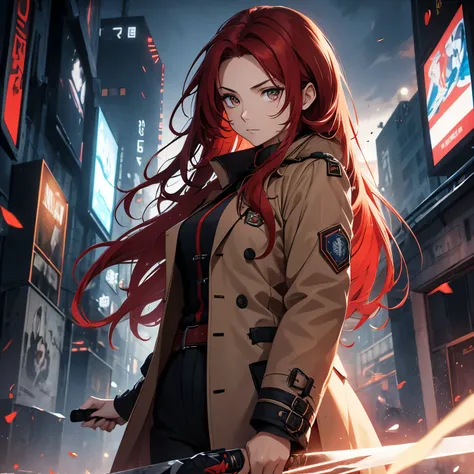 Woman, red long hair, messy hair, Brown eyes, light in eyes, womans overcoat, blue katana, uniform clothes, dark city broken background, raised locks of hair style