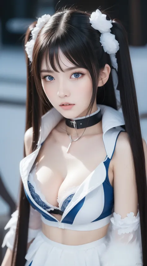 perfect figure beautiful woman:1.4, Layered Hair Style, Protruding cleavage, Snow 2D costume:1.5, Highly Detailed Face and Skin Textur, double-edged eyelid, Whiten the skin, long whitr hair, Collar