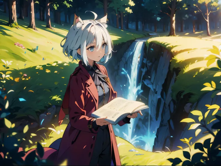 masterpiece, A world where magic and technology coexist, cat ears girl (gray hair, short hair) ，boyish，Hone your skills、Let&#39;s go on a journey to uncover the secrets of power.., beautiful eye、Standing in the forest，fantasy，depicted in detail. The magici...