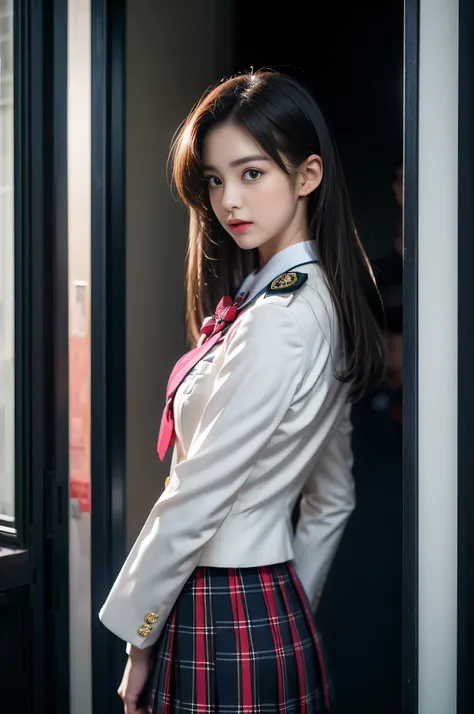 ( Female student standing near train door)，((Rear view))((looking back at past))、charming eyes，Operation heats up，Turn your face away from the camera，bend over，bend over，looking back，Look up at the，Thick and long black hair，Highly detailed body，Highly deta...