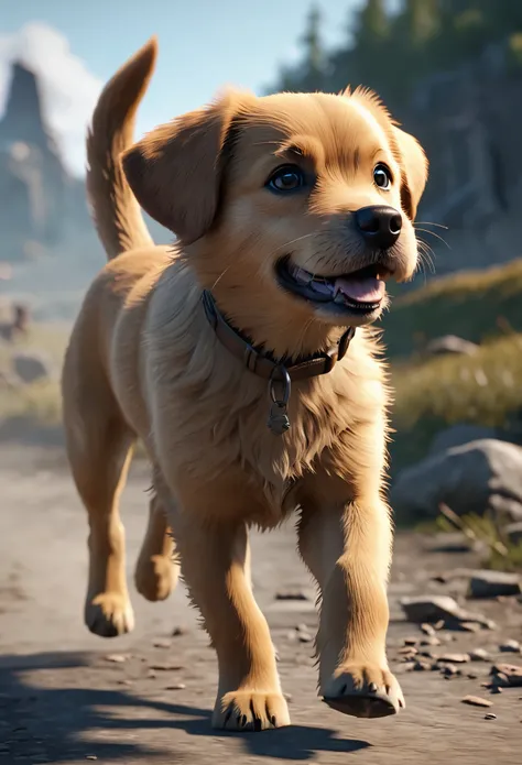 Generate image of cute Dog on the basis of below informations: 

Number of Dog: 1     Body: Muscular
Color: Light-Brown
Style: 3D animation
Action: walking
Environment: battlefield, war
Resolution: Ultra HD, 4k