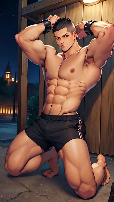 masterpiece, best quality, extremely detailed, full body,anime,man,middle age, rugged, {{{{{muscular}}}}}},buzz cut,arms up behind,night,handcuffs、Topless、shortidnight