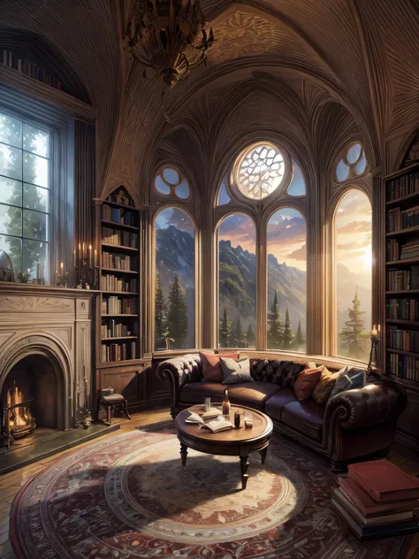 ((Best quality)), ((Masterpiece)), ((ultra detailed)), (Illustration), (Detailed light), castle room,  with fireplace, bookcases, , Gothic interior, Stone walls, stone ceilings, stone floor, gothic castle, Stone Castle, white stone walls and ceiling, beaut...