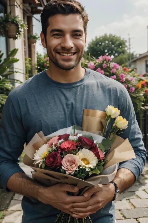 happy man holding a lot of flowers