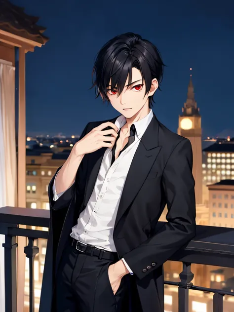 1boy,cool,Standing on the balcony, shocked expression,at night,the vampire palace,side parted hairstyle,close up photo,handsome,medium hair,black hair,black shirt, black trousers, black robe, red eyes, vampire