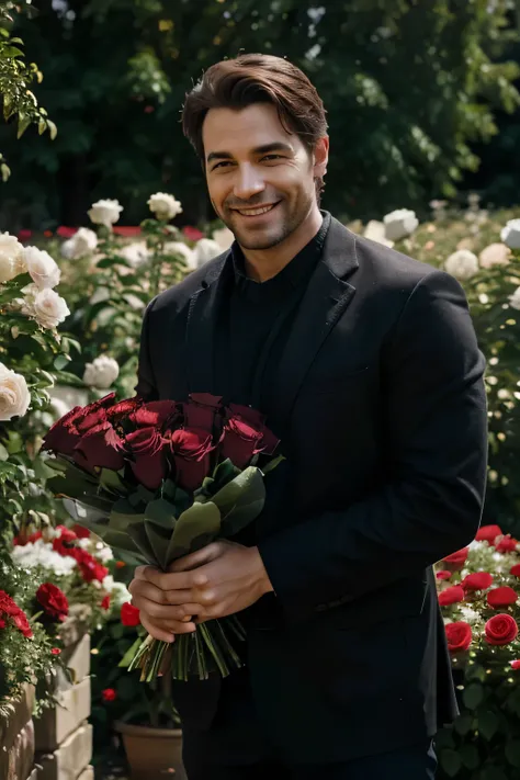 happy man holding a lot of roses - Woman day