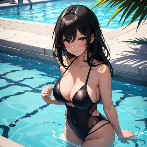 (Master piece), (best quality), (ultra detailed), high quality, highest details, ultra hd, pool, 1girl, medium black hair, wet, black swimsuit,  nartural shadow, large breast, large ass, blushing face, light smile, solo, perfect body, 8k, 