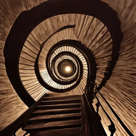 illustrate point of view looking up at bottom of helical staircase, intricate detailed wood grain natural wood frame stairs,  viewer should clearly recognize being inside lighthouse, Inside Lighthouse stone cylinder structure, at top of staircase a warm ga...