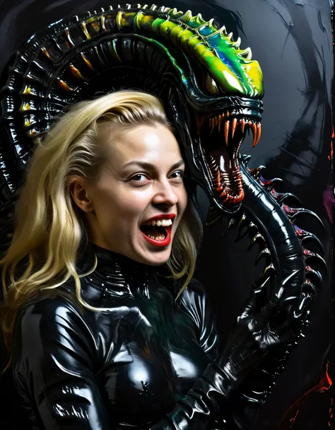 painting of blonde woman holding a (black xenomorph|goat hybrid), black tendrils  loving happy-mother angry alien fangs claws te...