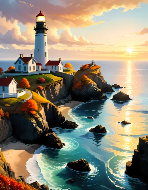 a cliff overlooks a lighthouse with view of the vast ocean, mesmerizing lighthousebathed by sunset light,((golden hour time):1.2...