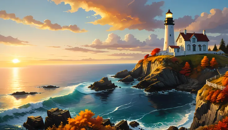 a cliff overlooks a lighthouse with view of the vast ocean, mesmerizing lighthousebathed by sunset light,((golden hour time):1.2...