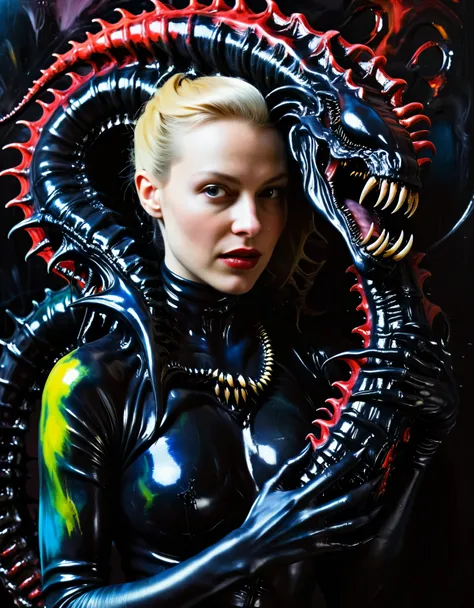 painting of blonde woman holding a (black xenomorph|goat hybrid), black tendrils  loving happy-mother angry alien fangs claws te...