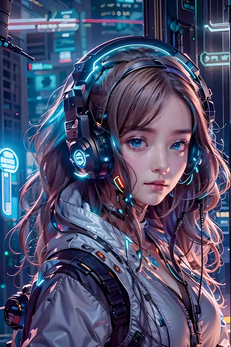 best quality，masterpiece，16k，1girl,blue eyes,breasts,brown hair,cyberpunk,glowing,headphones,long hair,realistic,Half exposed chest,Large area blue fluorescent material structure on the shoulders,The luminous mechanical structure below the side of the ches...