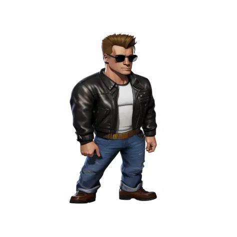 Wearing a leather jacket and jeans、Cartoon man wearing sunglasses, Duke Nukem art style, Duke Nukem 3D full body shot, destroy harris, Concept art of single boy, 3d rendering of Germa 9 8 5, Taylor Deden, Highly detailed iconic characters, gopnik in a blac...