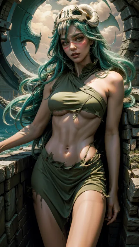 (masterpiece, best quality), intricate details, odelschwanck, green hair, skull, torn clothes, underboob, skirt, fantasy00d,