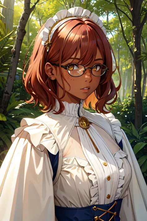 ultra-detailed, masterpiece, highest quality, 1 female, ginger hair, short-medium hair, yellow eyes, dark skin, dark skin, lolita clothes, freckles on the face, serious expression, upper body, portrait, forest background, glasses,