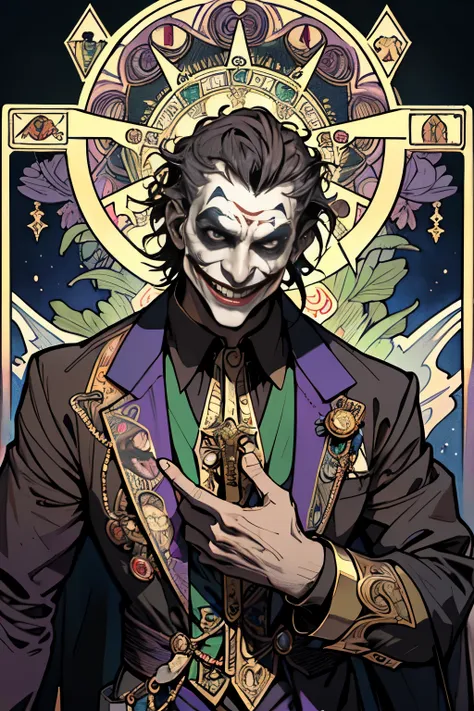 masterpiece, superior quality, a mid age man, joker custum, crazy smiling, mischievous, carnival lighting, tarot, symbolism, vis...