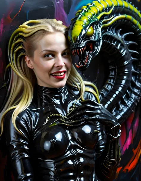 painting of blonde woman holding a (black xenomorph|goat hybrid), black tendrils  loving happy-mother angry alien fangs claws te...