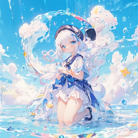 Special clouds, fantastic, kneeling, sailor suit, controlling water, lots of bubbles, very beautiful, beautiful composition, pastel colors, light shades, beret, fantasy, white hair, blue eyes, jewel eyes, glitter, colorful here and there, Triangular chip, ...