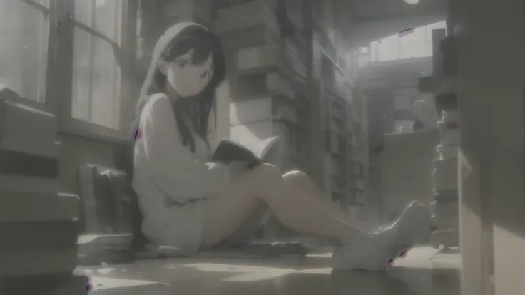 (masterpiece, 1980s anime illustration:1.1), Sweet girl with long purple hair in oversized knitted sweater, Sitting cross-legged on the floor of the bookstore, Open the book and put it on your lap, Read carefully, surrounded by piles of old books, The afte...