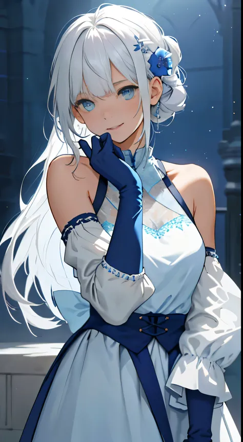 In the indoors setting, bathed in soft blue light, stands a solitary figure of a young girl. Her medium-length white hair cascades down her shoulders, with bangs covering one of her blue eyes. The other eye sparkles with curiosity and a slight smile plays ...