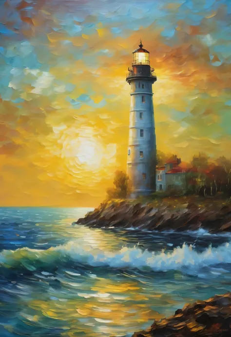 lighthouse seen from the sea,lighthouse seen from a boat,landscape painting,border between day and night,lighthouse lights,sense...