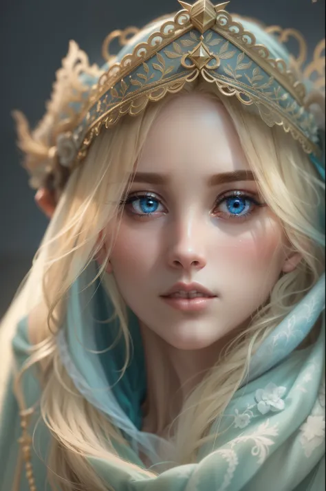 Blonde woman with blue eyes and veil on head、soft portrait shot 8k、realistic beautiful face、8K portrait rendering、realistic beautiful face、beautiful realistic face、Photorealistic anime girl rendering、surreal beautiful face、8K realistic digital art、realisti...