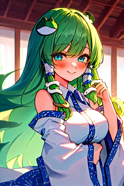 best quality, masterpiece, highres, solo, {kochiya_sanae_touhou:1.15}, green_hair, long_hair, hair_ornament, frog_hair_ornament, snake_hair_ornament, hair_tubes, blush, bangs, breasts, smile, green_eyes, upper_body, blue_eyes