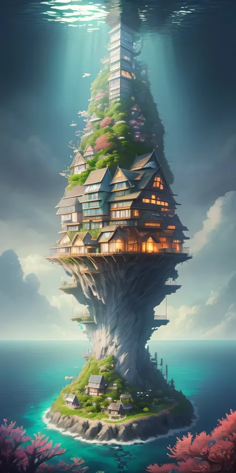 color (fantasy: 1.2), (Hayao Miyazaki style), (Irregular buildings floating on the seabed), Patchwork cottage, Moss decorations, coral, lamp, Concept art inspired by Andreas Rocha (Andreas Rocha), Art Station Contest Winners, fantasy art, (underwater city)...