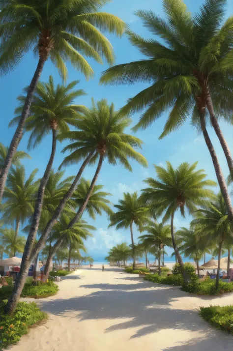 masterpiece, best quality, high quality, Very detailed 8k wallpaper of CG unit, Charming dream scene of dream beach, There are tall royal palm trees, Bright tambourine, Create a sense of mystery and enchantment, art station, digital illustration, complicat...