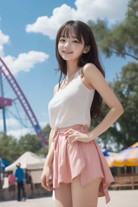 two girls, two girls, amusement park、pretty girl、, smile, The skirt of a summery mini dress lifts up.、hair blowing in the wind、thighs, panties、8k, masterpiece, high detail, high quality, High resolution, 最high quality,