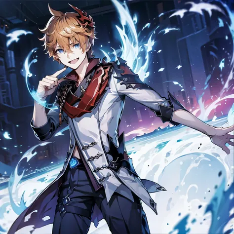 genshin impact,tartaglia,1boy solo,cool,smiling,beautiful,blue eyes,close hands