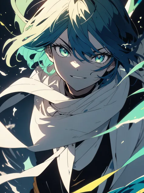 masterpiece, highest quality, ((1 man)),blue hair,green eyes,serious expression, smile,Upper body,line drawing,medium hair,white blazer,black t-shirt,expressionless eyes,((Beautiful anime style))