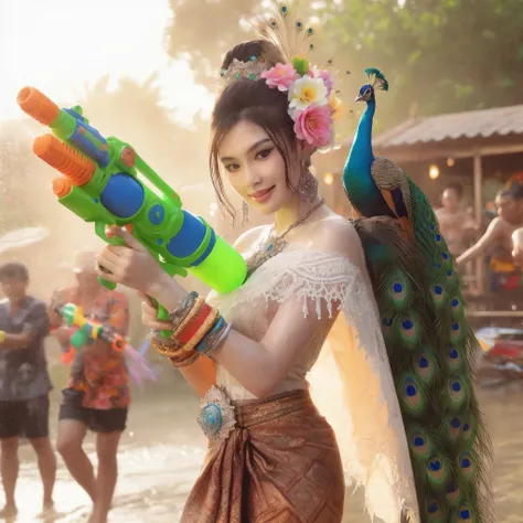 create an image of a thai girl wearing a floral thai dress. decorated with peacock tail holding a large water gun together with ...