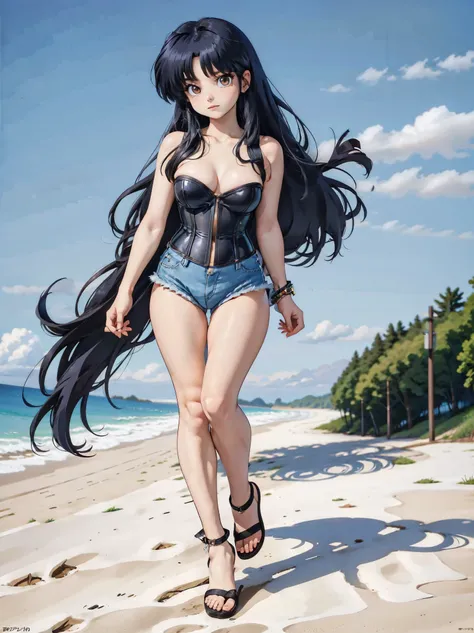 Anime girl with dark bluish hair in denim shorts and a latex corset, 16 years old, beautiful body, big breasts, with her hands on her waist, hands in her hair, Sexy girl, bluish hair, side strands of hair with a pink bow, strands of hair with a bow on the ...