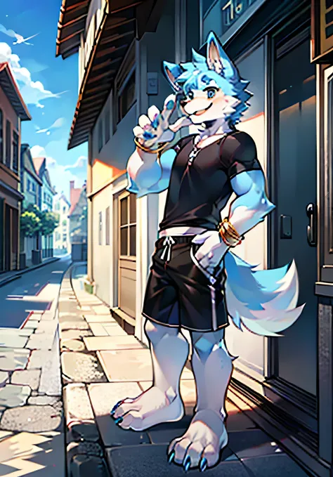 HD，street，potted，noon，blue sky，single player，Wolf Animal Humanoid，muscle tissue，out of stock，male image，full body standing painting，Short hair details，light blue fur，deep blue ears，furry wolf tail，Bailing，Tail tip white，white arm，white paws，Hands raising t...