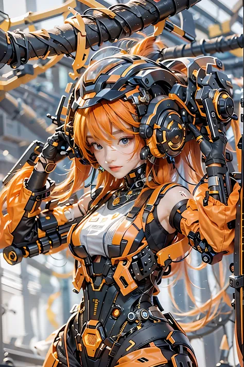 best quality，masterpiece，16k，1girl,Cyberpunk,headset,Mechanical earphones,Mechanical necklace,Orange gradient hair,Fragmented mechanical neck guard,Oblique side close-up,Black mecha,Full body mecha,Looking at the camera,Knitted fabric near the shoulders,Fr...