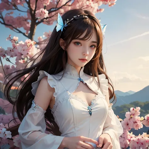 anime girl with blue eyes and white dress holding a butterfly,  in dress, cute anime waifu in a nice dress, splash art anime , ross tran style, anime art wallpaper 8 k, anime style 4 k, cushart krenz key art feminine, anime moe artstyle, reddish-brown hair...