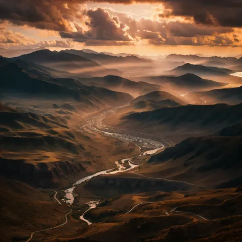 mountains with a river running through them under a cloudy sky, an amazing landscape image, marc adamus, most epic landscape, epic landscape, dreamy landscape, mountainscape, max rive, amazing landscape, a surreal dream landscape, sunset in a valley, ether...