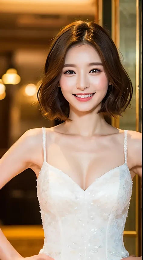 ((best picture quality, 8k, masterpiece:1.3)), 1 girl, beautiful woman:1.3, (Short hair details), Wedding dress, Super thin face, delicate eyes, double eyelids，Smile，bride，perfect bodycon dress，huge))