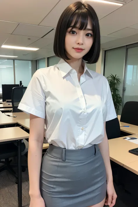 highest quality, masterpiece, 8k, ultra high resolution, (realistic: 1.4), 1 girl, beautiful face, symmetrical eyes, big, perfect body proportions, ((Bangs Patsun、short bob))、Office Lady, business suit、collared shirt、Tight Skirt、the gaze of the beholder, (...