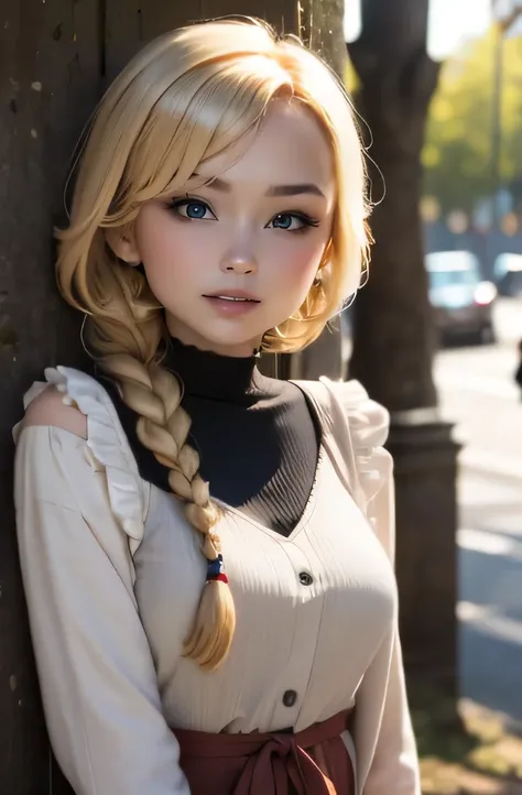 round face, cute casual dress, blond, braid, corner of the park, smiling, 